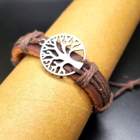 Tree of life brown leather adjustable bracelet - Picture 2 of 3